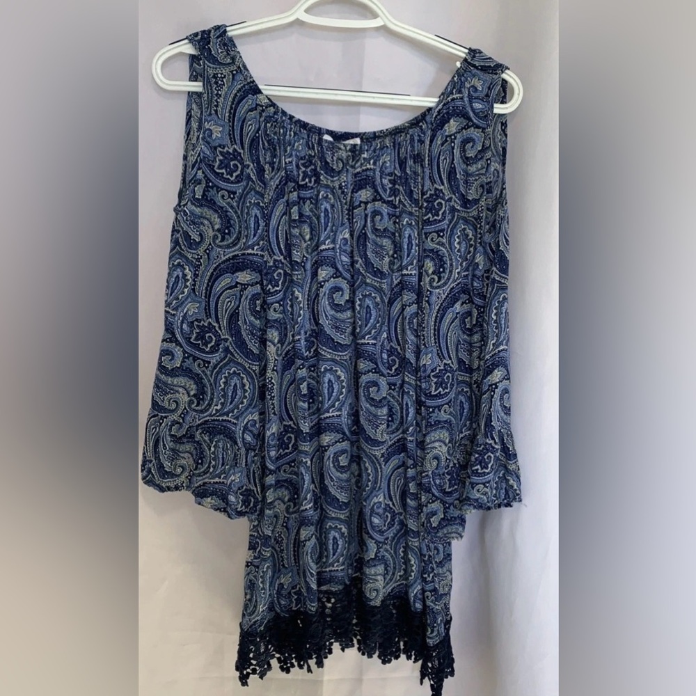 Westport 1962 Brand Boho Blouse Crochet Blue Yellow White Paisley Women’s 2X